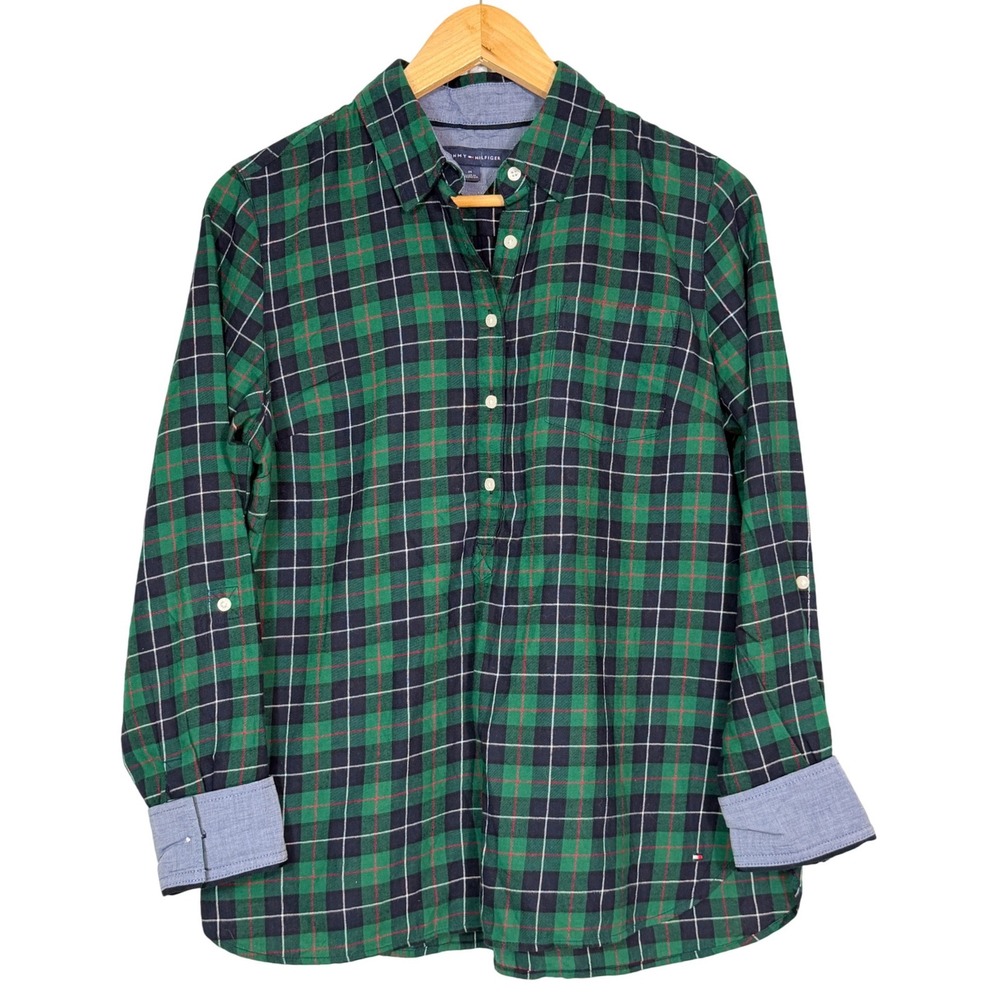 Tommy Hilfiger Womens Green Navy Plaid Cotton Flannel Button Down Shirt 610